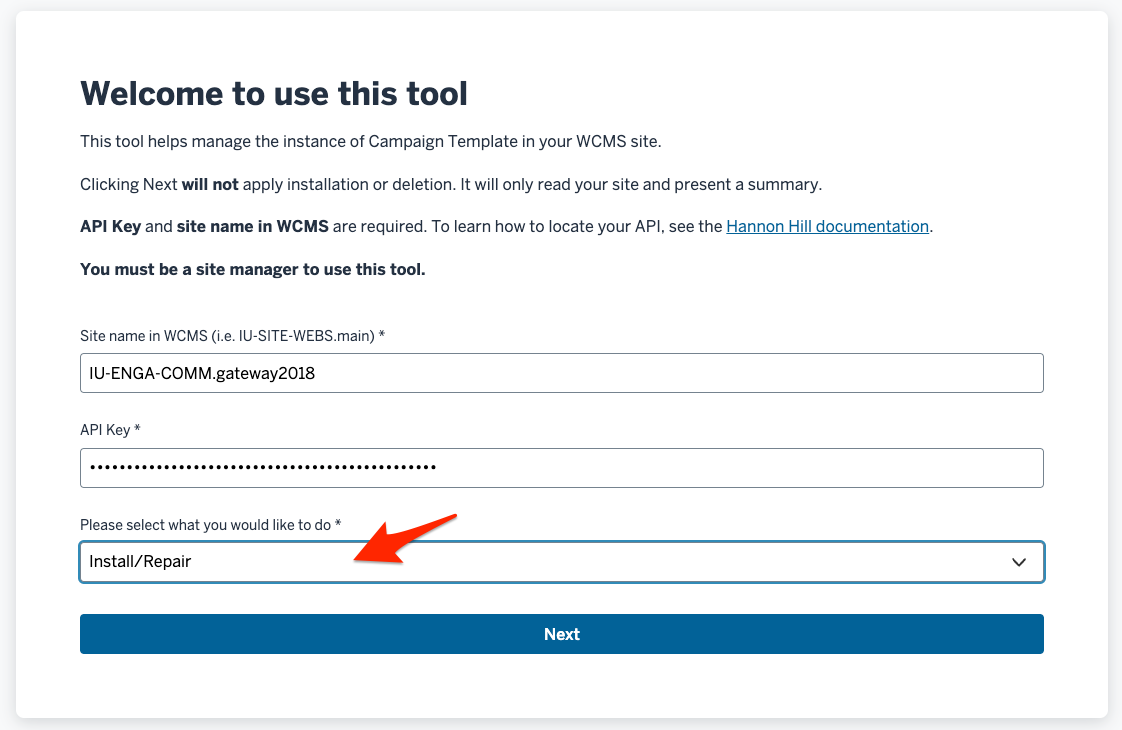 Screenshot showing the Install/Repair dropdown field