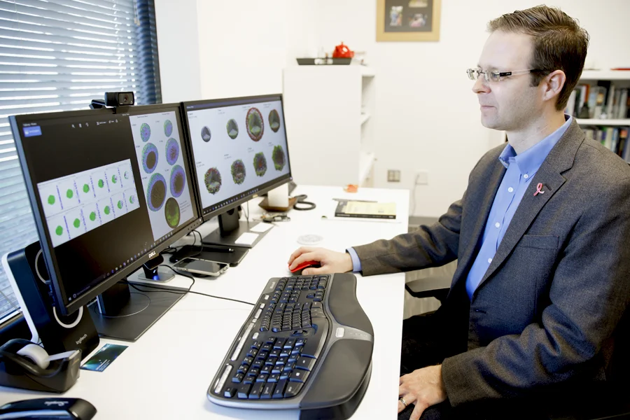 Paul Macklin, a Luddy Bloomington researcher, reviews cancer images on his computer.