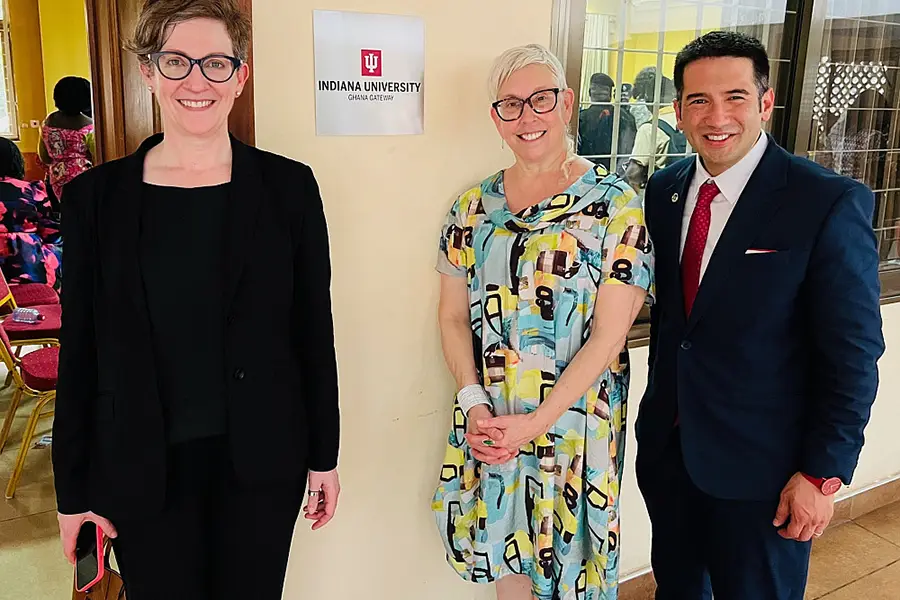 Cathie Carrigan, Global Gateway Network director; Hilary Kahn, interim vice president for international affairs; and Miguel Ayllon, associate vice president for international affairs, at the launch of the IU Ghana Gateway on May 20