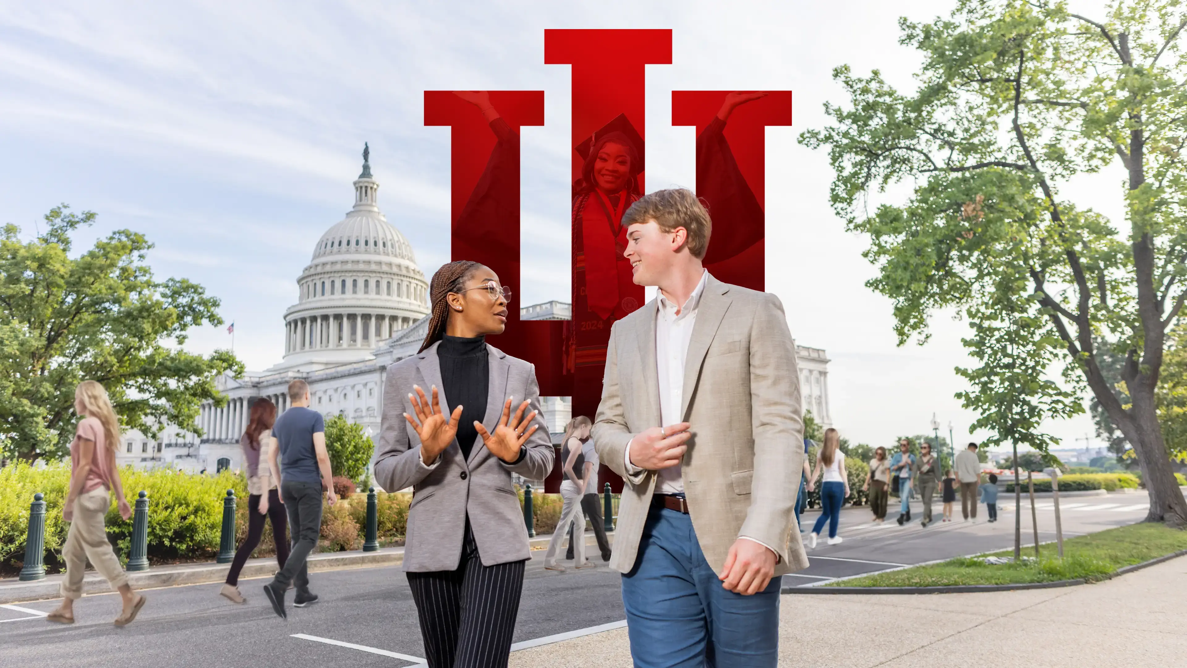 A black female and white male talk near the US Capitol building in Washington DC