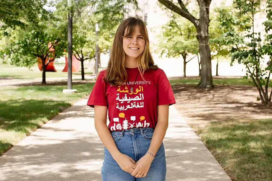 Micaela Fenn, Boren Award recipient, poses on the IU Bloomington campus