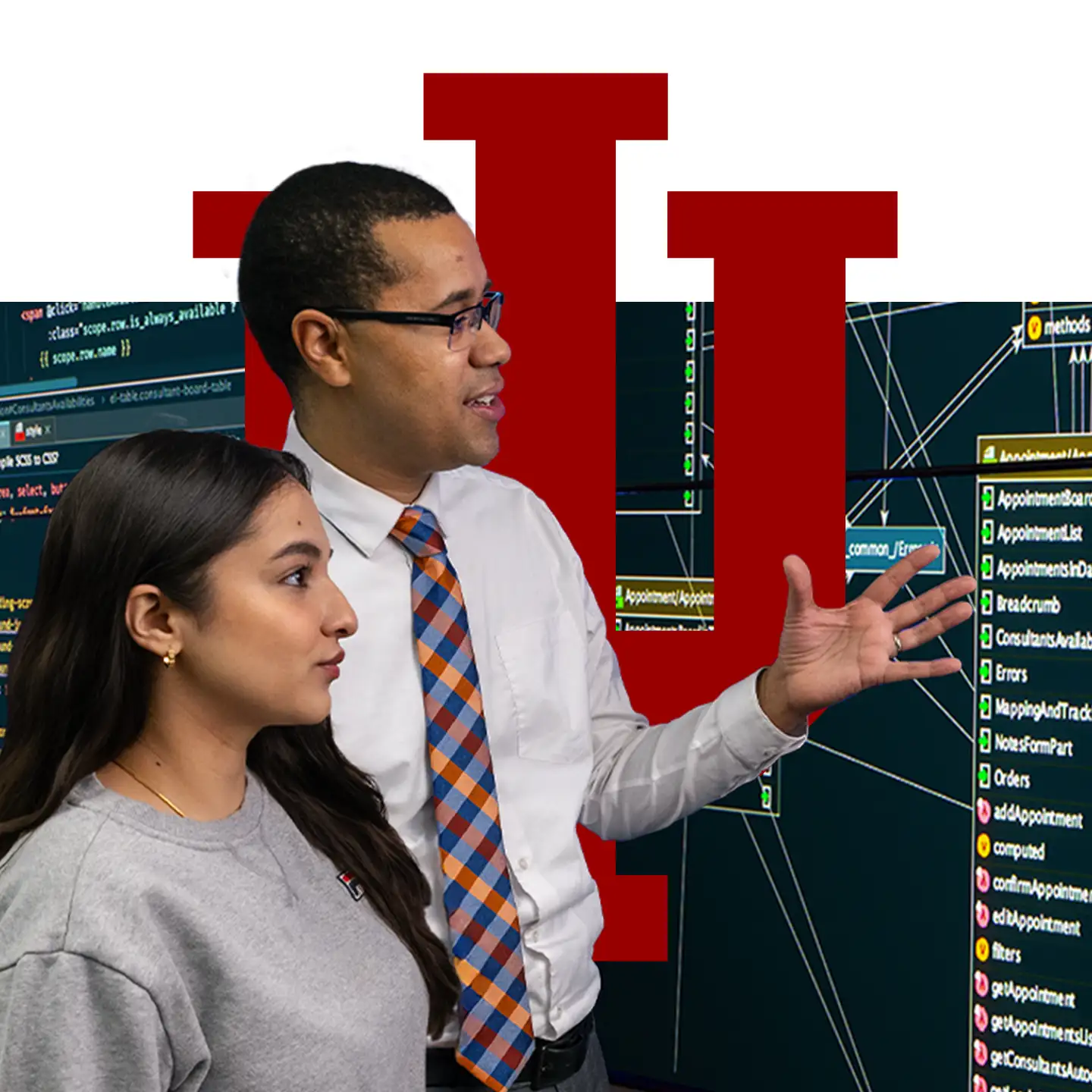 A male professor explains a large screen of cybersecurity flowcharts to a female student, listening intently. A large trident is layered behind the subjects.