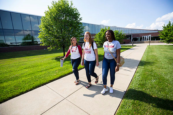 Three students walk outside on the IU Columbus campus.