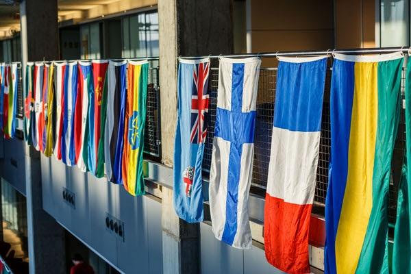 Flags from various nations on display at the IU Indianapolis Campus Center.